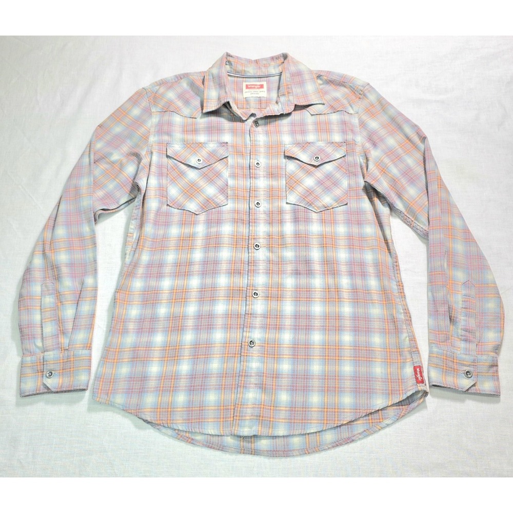Wrangler Shirt Mens Medium Blue Orange Plaid Button Front Western Long Sleeve